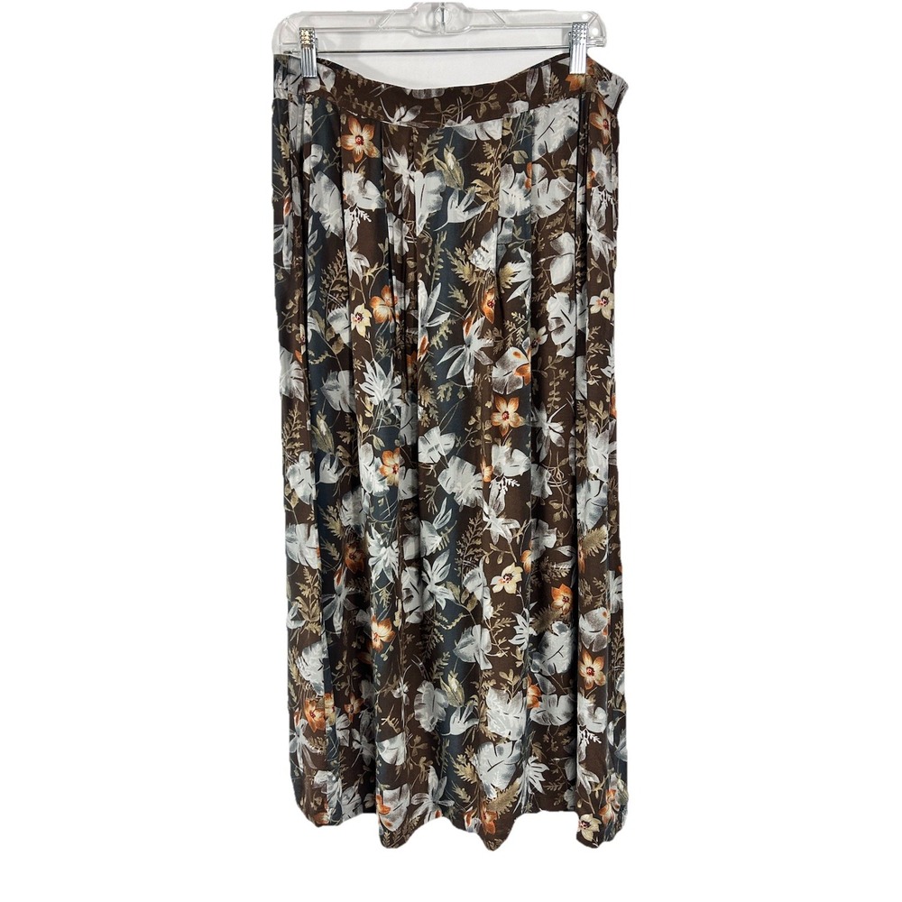 Vtg Sag Harbor Floral Maxi Skirt L Rayon Brown Tropical Pockets Coastal Boho